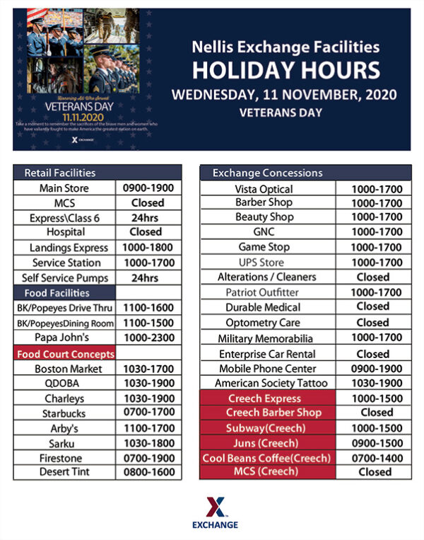 Nellis Exchange holiday hours for Veterans Day Desert Lightning News