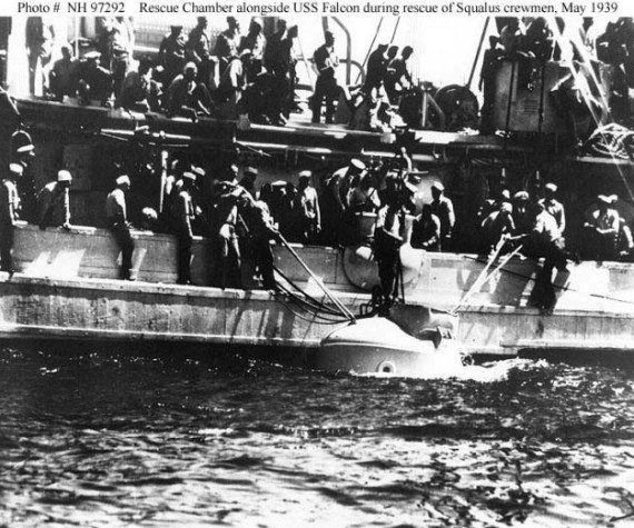 Sailors haul the McCann-Erickson Rescue Chamber aboard the USS Falcon after its final trip to rescue sailors trapped on the USS Squalus after the submarine sank, May 23, 1939. (Navy)