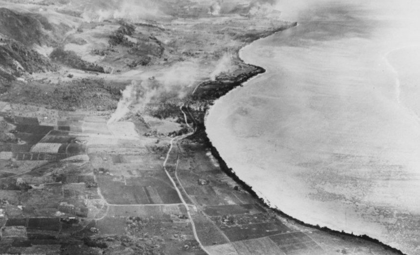 An aerial view of the naval bombardment in support of Marine Corps operations on Saipan during the Battle of Saipan in June 1944. (Photo by
Navy/National Archives)
