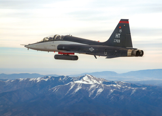 A T-38C with an attached AgilePod flown by Steven Ross, Air Force Test Pilot School Flight Sciences Technical Expert and Instructor Test Pilot, conducts a flight test in the skies over Southern California. (Courtesy photo)