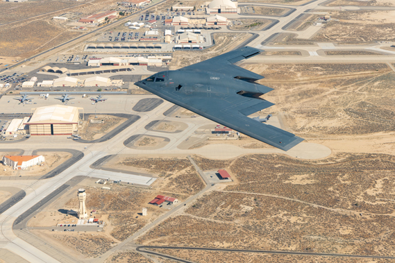 The Spirit of Pennsylvania B-2 Spirit assigned to the 419th Flight Test Squadron flies over Edwards Air Force Base, Calif., prior to landing, July 17, 2024.