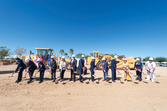 Base leadership, prospective tenants, mission partners and other senior officials break ground on a commercial apartment complex at Edwards Air Force Base, Calif., Sept. 10, 2024. (Air Force photograph by Chloe Bonaccorsi)