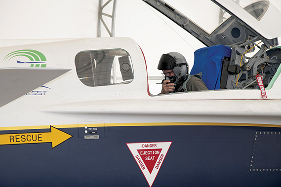 Lockheed Martin test pilot Dan Canin sits in the cockpit of NASA’s X-59 quiet supersonic research aircraft in a run stall at Lockheed Martin’s Skunk Works facility in Palmdale, Calif., prior to its first engine run. 