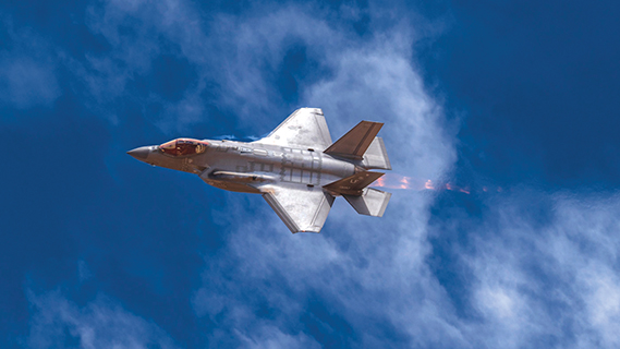 A U.S. Air Force F-35 Lightning II assigned to the 56th Fighter Wing, Luke Air Force Base, Arizona, performs a strafing run during Haboob Havoc 2024, April 24, 2024, at Barry M. Goldwater Range, Arizona. Haboob Havoc is an annual total force exercise that brings together multiple fighter squadrons from numerous bases to practice skills and test abilities in various mission sets. (U.S. Air Force photo by Staff Sgt. Noah D. Coger)