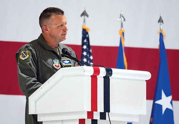 U.S. Air Force Col. Dane Gehrmann, Nevada Test and Taining Range (NTTR) commander, delivers a speech during the NTTR change of command ceremony at Nellis Air Force Base, Nevada, June 13, 2024. As commander, he oversees a 2.9 million acre range and 12,000 square miles of airspace that make up the NTTR complex as well as the Joint Integrated Test, Training Center that comprises the U.S. Air Force’s most advanced synthetic battle space. (U.S. Air Force photo by Airman 1st Class Elizabeth Tan)