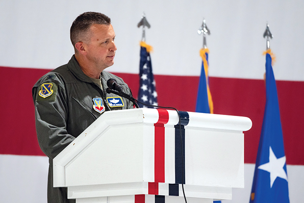 U.S. Air Force Col. Dane Gehrmann, Nevada Test and Taining Range (NTTR) commander, delivers a speech during the NTTR change of command ceremony at Nellis Air Force Base, Nevada, June 13, 2024. As commander, he oversees a 2.9 million acre range and 12,000 square miles of airspace that make up the NTTR complex as well as the Joint Integrated Test, Training Center that comprises the U.S. Air Force’s most advanced synthetic battle space. (U.S. Air Force photo by Airman 1st Class Elizabeth Tan)