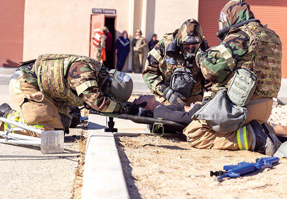 Dec. 3-9: Edwards AFB, Calif. — The 412th Test Wing conducted the largest combat readiness exercise in Air Force Materiel Command corporate memory Dec. 3 to 6, and followed up with a full-day community partner tabletop readiness exercise on Dec. 9 at Edwards. The exercise and associated inspection tested Edwards’ and Plant 42’s response to a range of simulated security threats and operational challenges in this age of great power competition. Events began with a mid-morning alert to base leadership simulating an increase in the threat level to the base, prompting the exercise to elevate to Force Protection Condition Charlie. This was followed by a simulated explosion at the base’s west gate, escalating the situation to FPCON Delta within the exercise space — indicating a heightened risk of ongoing or complex attacks on base people, facilities and assets. (Air Force photograph by Daniel Kelley)