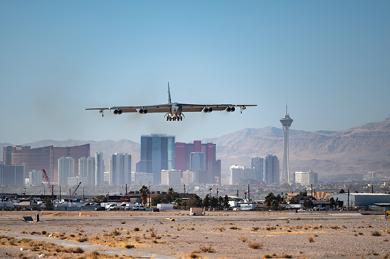 A U.S. Air Force B-52 Stratofortress assigned to the 2nd Bomb Wing, Barksdale Air Force Base, La., arrives to Nellis AFB, Nev., in preparation for Red Flag-Nellis 25-1, Jan. 23, 2025. Red Flag is an opportunity to enhance the readiness and training necessary to respond as a joint force to any potential crisis or challenge across the globe. (Air Force photograph by William R. Lewis)